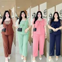 ราคา ชุดเซ็ทขายาว แต่งแขนผ้ามุ้งดอกไม้กำมะหยี่ กางเกงผ้ายืดใส่สบาย สำหรับสาวอวบอ้วนใส่ออกงานสวยมาก (28519265142)