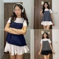 ราคา Denim camisole Set A.751, babydoll camisole พร้อมจีบและเสื้อยืดสีขาวพื้นฐาน - Polka Dot Shop (29936907428)