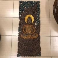 ราคา แผ่นไม้สัก ไม้สัก แกะสลัก ลายพระพุทธเจ้าประทับพญานาค สีแดง เขียว ทำเก่า ขนาด 35x90 ซม.ของตกแต่งผนัง งานแฮนด์เมด (43468759785)