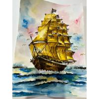 ราคา ภาพวาดเรือสำเภาทอง ภาพวาดสีน้ำ นำไปใส่กรอบรูป ตกแต่งให้สวยงาม เสริมมงคลโชคลาภ (51405535704)