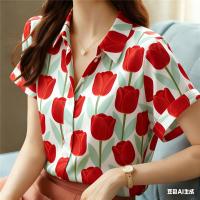 ราคา เสื้อเชิ้ตแขนสั้นผู้หญิง ลายพิมพ์ดอกไม้หลากหลาย, ผ้าซาติน, เสื้อเชิ้ตกระดุมสำหรับแต่งตัวแบบไม่เป็นทางการและสวมในออฟฟิศฤดูร้อน (45955461523)
