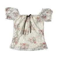 ราคา เสื้อครอปลูกไม้ผูกโบว์ลายดอกเปิดไหล่ แขนตุ๊กตา (57951949688)