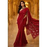 ราคา ผ้าส่าหรีอินเดีย ส่าหรีอินเดีย มือสองSAREE-26ส่าหรีสีแดง ชีฟอง ส่าหรีแบบนุ่งเอง ความยาว 6 เมตร ชุดอินเดีย ชุดส่าหรี (55403818265)