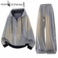 ราคา [พร้อมสต็อก] เสื้อกันหนาวครึ่งซิปลoose fit มีฮู้ดและกางเกงขายาวขนาดใหญ่ ชุดกีฬาระบายสองชิ้น (47303112932)