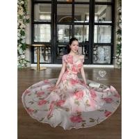 ราคา SizeS*เดรสปาดไหล่พิมพ์ลายกราฟฟิกดอกกุหลาบสีชมพู แต่งดอก3D (pisamai) (40600300962)