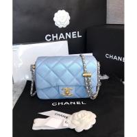 ราคา New Chanel Mini Flap Bag Grained Calfskin สีฟ้า 8 “ (28554445657)