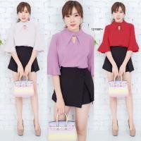 ราคา TwinsShopVipพร้อมส่ง TW12190 Set เสื้อแขนระบาย เจาะคอ + กางเกงแต่งป้ายหน้า (3227815562)