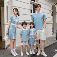 ราคา สีฟ้าครอบครัวจับคู่ชุดเสื้อโปโลผู้หญิงเสื้อชุดคู่สวมใส่ ที ฤดูร้อนวันหยุดกางเกงขาสั้น (25720768697)