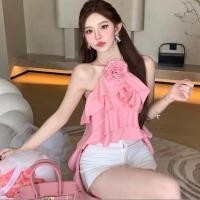 ราคา เกาะอกคล้องคอ/เสื้อคล้องคอ แต่งดอกไม้หน้าอก(สีชมพู) ผ้าชีฟองจับจีบระบาย ได้ลุคคุณหนู (งดต่อทุกกรณี) (14098800628)