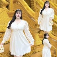 ราคา เดรสสีขาวแขนยาวแต่งลูกไม้สาวอวบใส่ออกงานบุญงานบวชงานพิธีการ (57150630576)