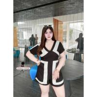 ราคา ชุดจั๊มสาวอวบ จั้มทูโทนขาสั้น อก 36-46" (45352044218)