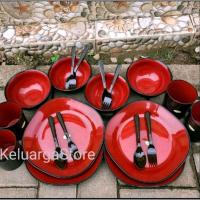 ราคา MERAH 20PCS PACKAGE RED BLACK CUTTERY SET 4 ชิ้น (จาน ชาม แก้ว ช้อน ส้อม) (40305725760)