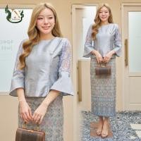 ราคา ชุดผ้าไหม ชุดออกงาน ชุดไปงาน ชุดทำบุญ - ผ้าไหม 4 เส้น เสื้อลูกไม้ฝรั่งเศส (เงินมงคล) (19194297826)