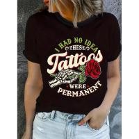 ราคา ท็อปเสื้อยืดผู้หญิงลายคำคมตลก - ลายดอกกุหลาบแดง คอวีแขนสั้นสีดำ (41478454204)