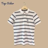 ราคา เสื้อโปโลคอปกผู้ชายแขนสั้น สีขาวตัดดำ ลายทาง มือสอง แบรนด์ Top Sider (20392835395)