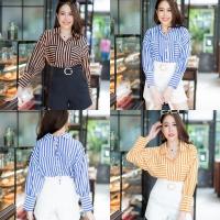 ราคา อต251 เสื้อเชิ้ตคอปก แต่งกระเป๋าหน้า 2 ข้าง งามมีกระดุม ปลายแขนสวยมาก มีโบว์ผูกหลัง ผ้าเนื้อดี สินค้าพร้อมส่งค่ะ (11255002696)