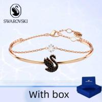 ราคา Swarovski (พร้อมกล่อง) ซื้อสร้อยข้อมือเครื่องประดับเงินแท้ Swarovski Deep Black Pavé Swan Bracelet with Rose Gold Tone (53705879591)