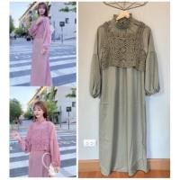 ราคา มือ 1 ชุดเซ็ท 2 ชิ้น เดรสยาว คอปีนระบาย แขนยาวทรงบอลลูน + เสื้อกั๊กไหมพรมน่ารัก สีเขียวขี้ม้า (14325155946)