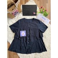 ราคา เสื้อแขนสั้นสีกรมดำ แต่งระบายฉลุ (18624015426)