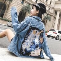 ราคา เสื้อคลุมยีนส์ผ้าหนาแขนยาวสีเข้มตอกหมุดมุกลายยูนิคอร์นปักเลื่อมด้านหลัง อก 42 ยาว 25 (43625427549)