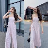 ราคา TW15249 จั้มสูทเกาะอกขายาว ทรงขาบาน ลายริ้ว สีครีม (8436428005)