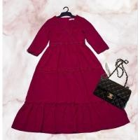 ราคา เดรสยาวสีแดงแขนยาวทรงปล่อย งานป้าย แต่งปักลูกไม้ size M (25675771420)