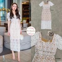 ราคา BT เดรสลูกไม้สีขาว เดรสสีขาวลูกไม้ เดรสยาวลูกไม้สีขาว (23418773265)