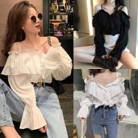 ราคา Cuties❤️99005 เสื้อเชิ้ตแขนยาว เสื้อเปิดไหล่ แขนยาว สีขาว ผ้าชีฟอง สไตล์เกาหลี สําหรับผู้หญิง (22414442153)