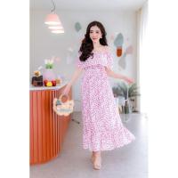 ราคา เดรสเปิดไหล่สีขาวลายผีเสื้อสีชมพู ผ้าไหมอิตาลี (5990395652)