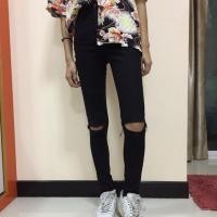 ราคา กางเกงยีนส์ผ้ายืดสีดำเอวสูง (821222708)