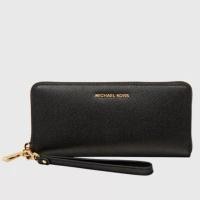 ราคา กระเป๋าสตางค์ใบยาวซิปรอบหนังสีดำ สายข้อมือ 8 นิ้ว Michael Kors Jet Set Travel Large Signature Logo Continental Wallet (43377187794)