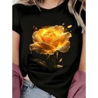 ราคา ทีเชิ้ตผู้หญิงสีดำและทองลายดอกกุหลาบ - พิมพ์ลายดอกกุหลาบทองหรูหรา คอกลม แขนสั้น โพลีเอสเตอร์นุ่ม (52405519750)