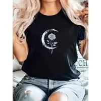 ราคา ท็อปเสื้อยืดพิมพ์ลายพระจันทร์และดอกกุหลาบสีดำสำหรับผู้หญิง - เสื้อแขนสั้นคอกลมแบบสบายพร้อมลายเรขาคณิตพระจันทร์เสี้ยว (51504713828)