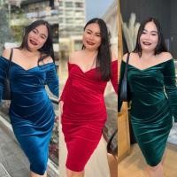 ราคา เดรสสาวอวบ เดรสกำมะหยี่ปาดไหล่สาวอวบVELVET DRESS (18249445568)
