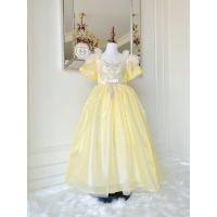ราคา เดรสราตรียาวสีเหลืองพาสเทลแขนตุ๊กตา ดีเทลลูกไม้ปักเลื่อมกลางอก เอวตกแต่งโบว์ (27519094916)