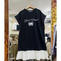 ราคา เดรสดำสกรีนลายโบว์ที่อกชายต่อผ้าอัดพลีทสีขาว (53801456362)