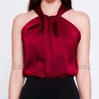 ราคา ชุดแฟชั่น เสื้อท็อป แขนกุด คล้องคอ ผ้าซาติน สีแดงไวน์ satin cross my neck top มือ✌️ (24725261950)