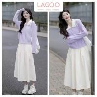 ราคา Misaki Womens Sweater Dress Set สีม่วงนุ่มยืดกระต่ายขนสัตว์ Elegant Flared Midi กระโปรง Lagoo ออกแบบแฟชั่น (42278713244)