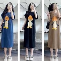ราคา ชุดเดรสเสื้อยืดผ้าคอตตอน ชุดคลุมท้องไซส์ใหญ่ใส่อยู่บ้านทรงหลวมยาวแขนหอยคอกลมลายเพนกวินสีฟ้าสีดําสีน้ําตาล ที1229ก (41678028897)