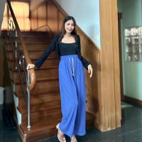 ราคา กางเกงแฟชั่นขากระบอกใหญ่ตีเกร็ดหน้า CGJ เชือกปรับได้ (24365957858)