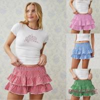ราคา []-สตรี Tiered Ruffled กระโปรงสั้นลายสก๊อตพิมพ์ Smock เอว Lacy Trim กระโปรงมินิน่ารัก (28604603626)