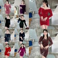 ราคา TT10898 Dress เดรสกำมะหยี่แขนยาว จับจีบเว้าอก แต่งชายกระโปรงไขว้ (24545286844)