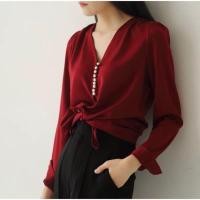 ราคา เสื้อทำงานราคาถูก เสื้อเชิ้ตแขนยาวผ้าซาตินไม่บางใส่สบาย ใส่แล้วเย็น ดูแพง อก40” ยาว26” (2292197980)