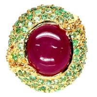 ราคา แหวนพลอยแท้ ทับทิม สีแดง 12 x 15 mm. ล้อม โกเมนเขียว และ บุษราคัม เงินแท้ 925 ชุบทอง 18k ไซร์แหวน 8 (27923140916)