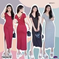 ราคา TW20018 เดรสยาว คอวีแขนสั้น ผ้ายืดเรย่อน สีพื้น (14198334122)
