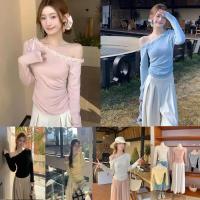 ราคา Dahong เสื้อแขนยาวปาดไหล่จับจีบเย็บย่นข้าง ไหล่เฉียงข้าง ผ้ายืดใส่สบาย H060 (28180126747)