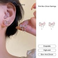 ราคา LAWomen Gentle Sweet Temperament Earrings French Style High-end Earrings Pink Bow Zircon Earrings (53205861267)
