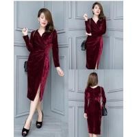 ราคา เดรสสีแดงไวน์ เดรสกำมะหยี่ออกงาน (25790974116)