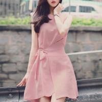 ราคา เดรสสั้นสีชมพู เดรสแฟชั่น ผ้าฝ้าย คอกลม แขนกุด ผูกเอว (1338175666)