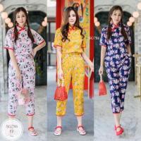 ราคา ST786 เซท 2 ชิ้น เสื้อคอจีน แต่งกุ๊นคอ กุ๊นแขน งานซิปหลัง สวมใส่ง่าย พร้อมกางเกงขา 4 ส่วน แต่งกุ๊น เนื้อผ้า 100D พิมพ์ล (25711227266)